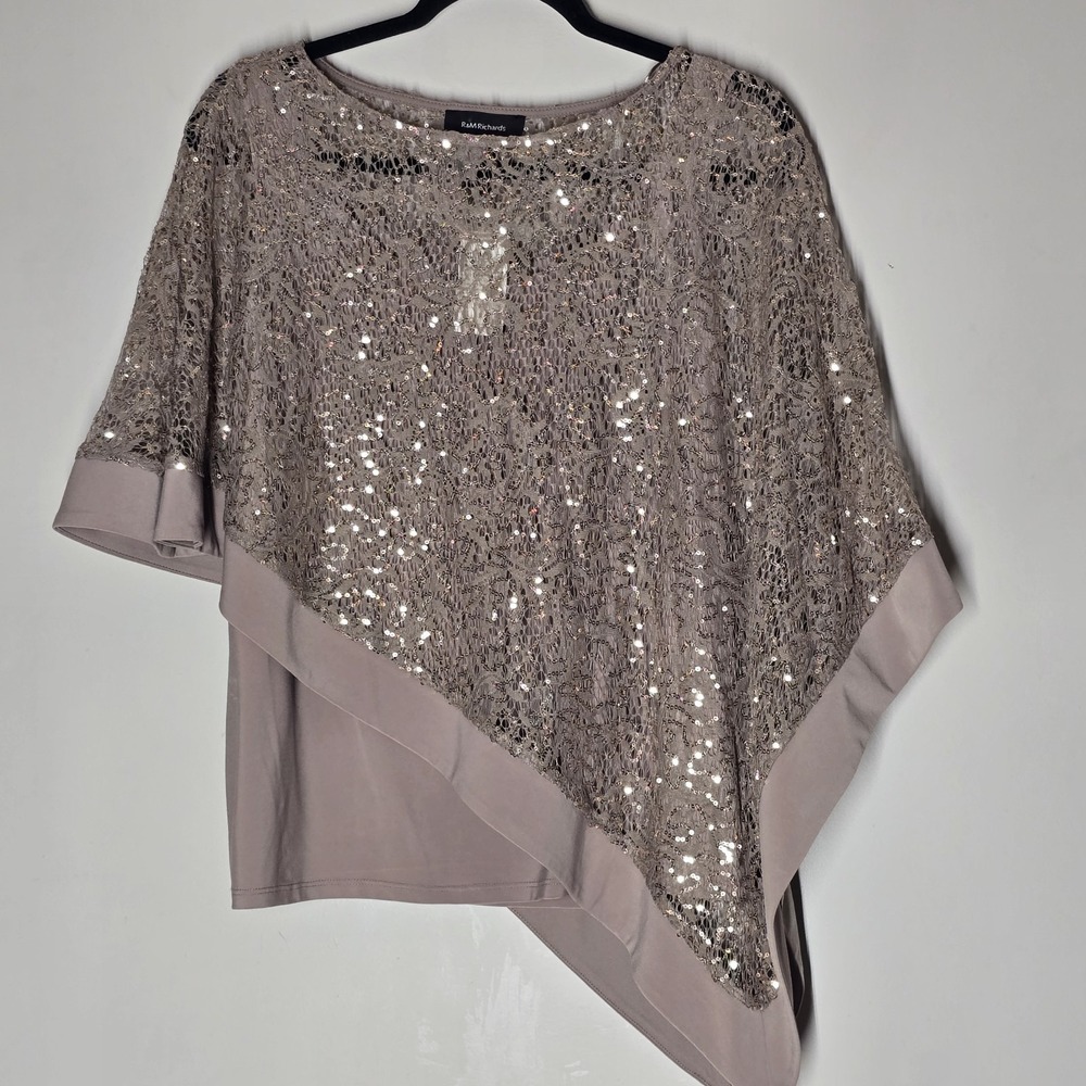 R&M Richards Mocha Bronze Sequin Lace Asymmetrical Poncho Blouse Sz‎ 12 NWT